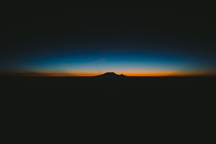sunset, mountain, silhouette, horizon, fading light, twilight, dusk