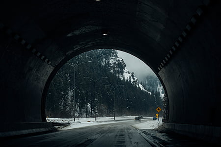 dark, foggy, road, snow, tunnel, winter, highway