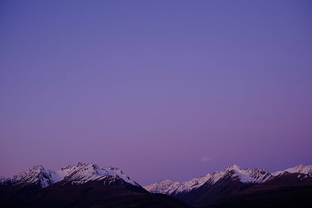 Foto, zasněžené, hory, fialová, obloha, vrcholy, sníh