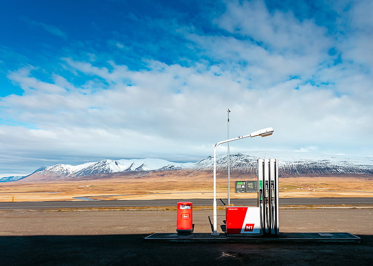 gas, station, lamp, post, clouds, sky, summer