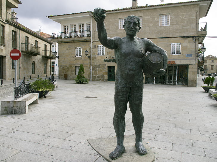 bronze statue, plaza, orense, grape, male, farmer, wine