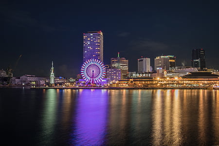 Kobe, Japão, Porto, Torre, cidade, Osaka, à noite