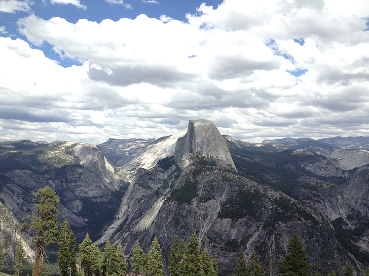 Yosemite, údolí, Half dome, hory, obloha, Kalifornie, mraky