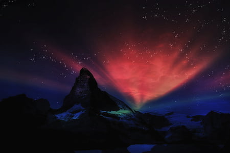 Matterhorn, schweiziska, Fantasy, landskap, natt, Aurora, stjärnor