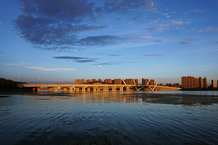 Wuxi, Bridge, solnedgang, Lake, landskapet