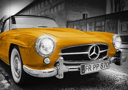 old, car, mercedes-benz, golden, vintage, retro, transport