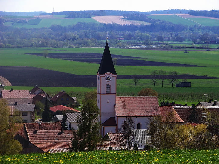 Baviera, Alemanha, Igreja, vila, edifícios, paisagem, cênica