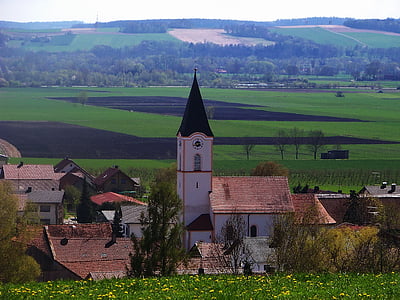 Bawaria, Niemcy, Kościół, wieś, budynki, krajobraz, sceniczny