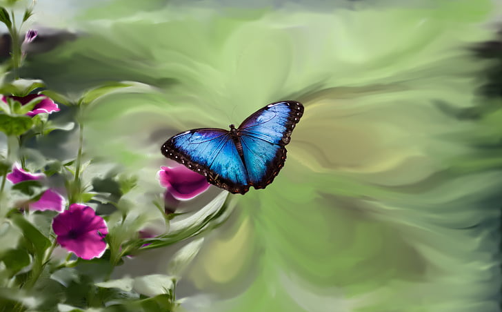 Синій метелик, петунії, зелений сад, синій, Метелик, розпис фото, піксель живопис
