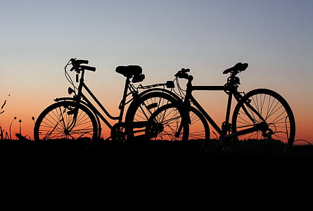 Fietsen, wiel, zonsondergang, liefde, romantiek, fiets, vakantie