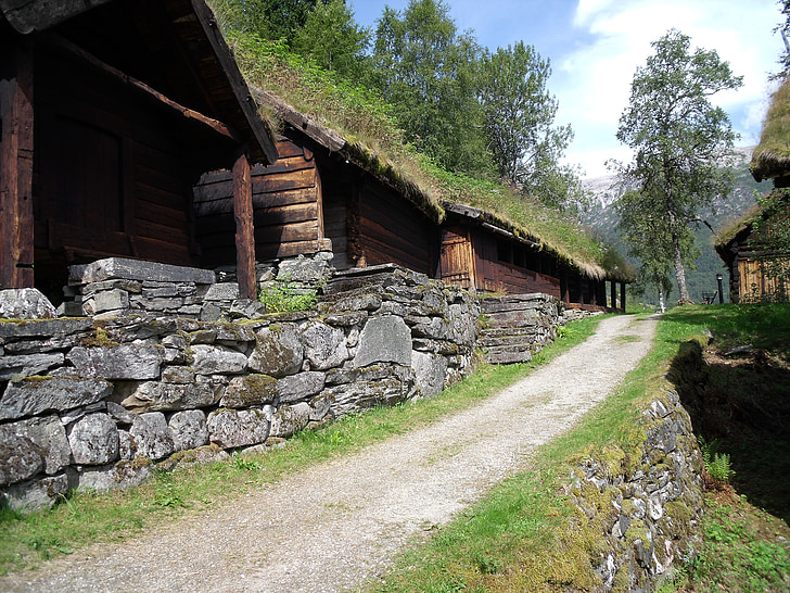 Norwegia, wieś, drewno, Szlak, krajobraz, zielony, Domy