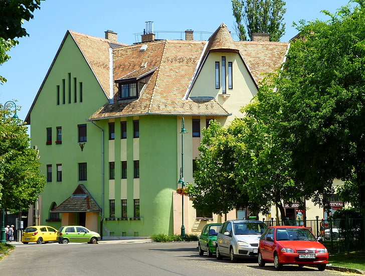 Budapest, Ungern, Wekerle batteri, boningshus, art nouveau, fasad, grön