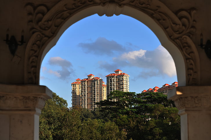 budova, oblouk, modrá obloha, bydlení, Zhuhai