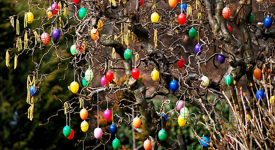 Semana Santa, Bush, jardín, huevos de Pascua en árbol, decoraciones de Pascua, huevo, multi coloreada