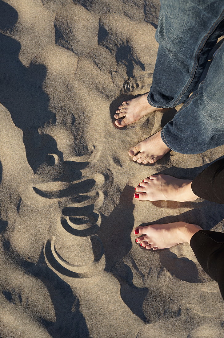 california, beach, feet, man, woman, sand, people