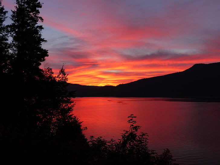glödande, solen stiga, Canim lake, British columbia, Kanada, sjön, vatten