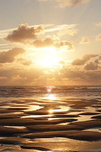zonsondergang, zon, strand, zee, ondergaande zon, merk, kleurrijke sunset