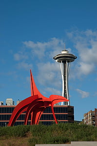 eagle, red sculpture, space needle, seattle, seattle art museum, olympic sculpture park