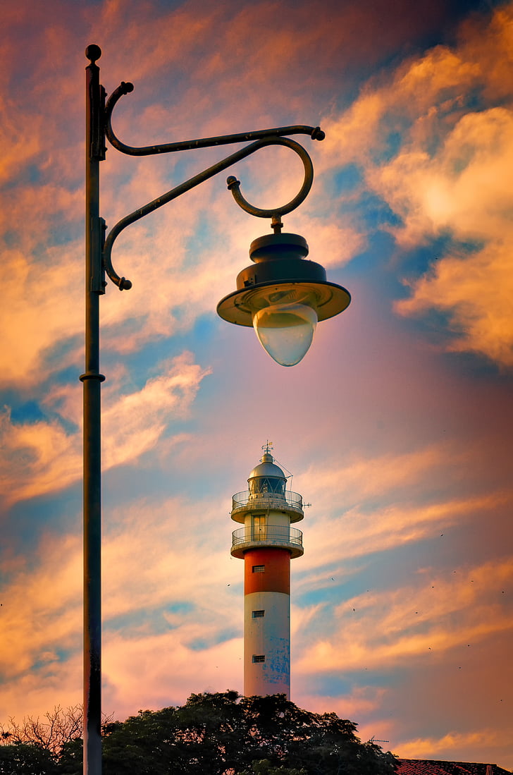 lighthouse, sky, light, old streetlight, clouds, guiding light, sunset