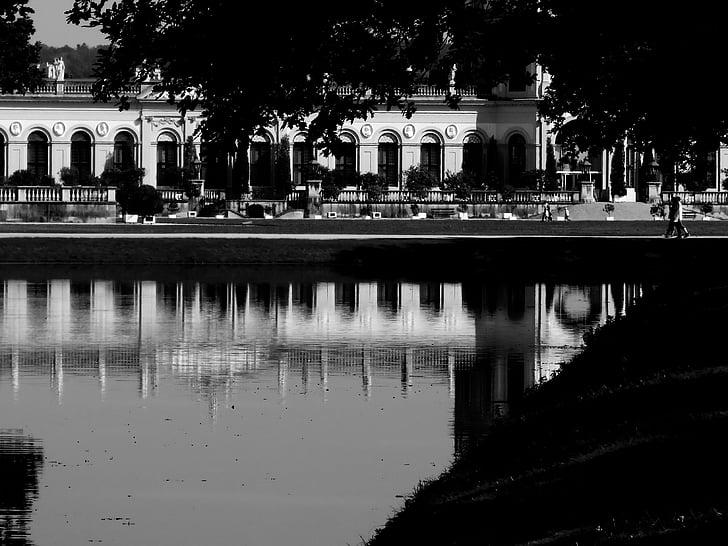 karlsaue, orangery, black and white, kassel, water, reflection