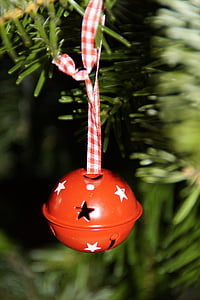 bola, Bell, merah, Natal, dekorasi pohon, cemara, hiasan Natal