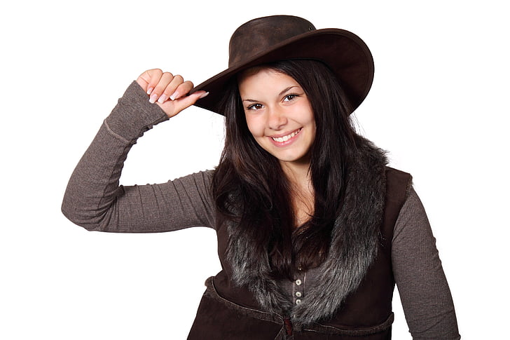 nő, szürke, hosszú, ujjú, Top, cowboy, kalap
