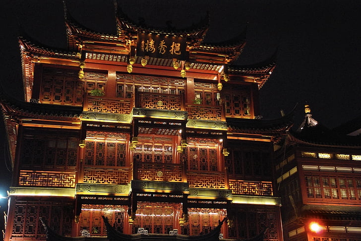 Kina, Shanghai, gamla stan, belysning, byggnader