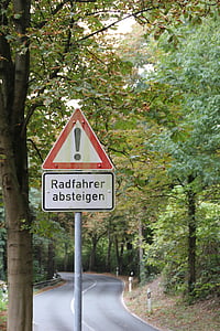 sign, warnschild, walk your bike, caution, cave, shield, note