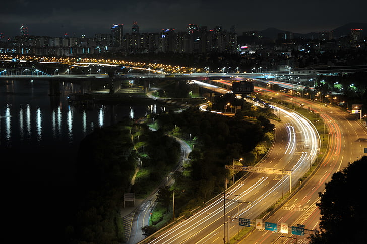 nakts skatu, Han river, Olympic boulevard, nakts ainava, Seoul, hanriver