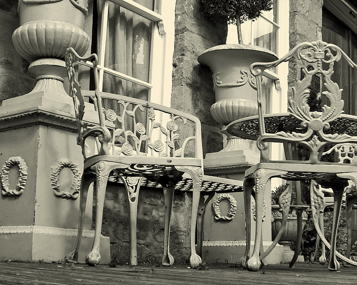 Tabelle, Stühle, Dekorationen, Terrasse, Eisen, Schmiedearbeiten, Hintergrund