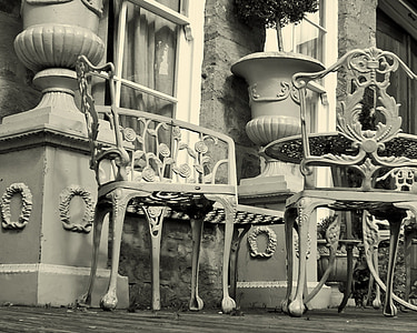 Tableau, chaises, décorations, terrasse, fer, fer forgé, arrière-plan