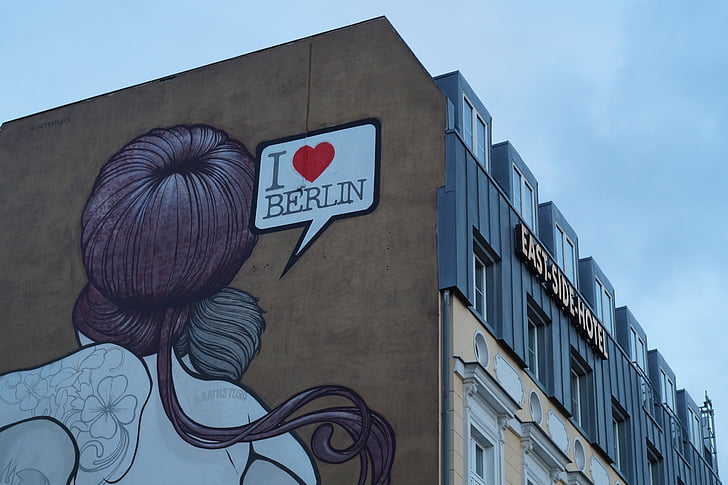 Berlin, épület, Street art, graffiti, jel