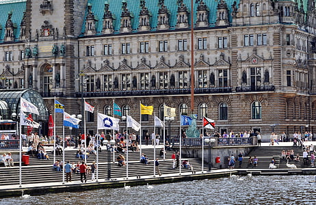 Hamburg, városháza, tömeg, zászlók, lépcsők, fokozatosan, épület