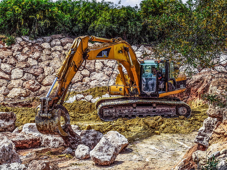 heavy machine, excavator, yellow, machinery, construction, hydraulic, working
