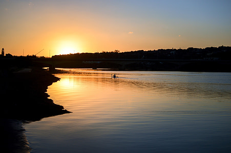 river, water, leisure, kayak, paddling, sunset, silhouettes