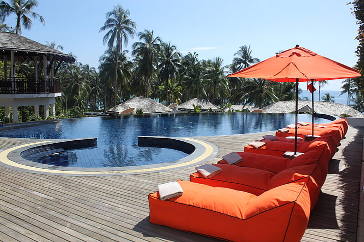 hotel, pool, vacation, thailand, the island of koh kood, sunbeds, umbrellas