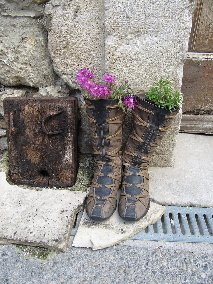 boots, flowers, plants, stones, wall, block, wood