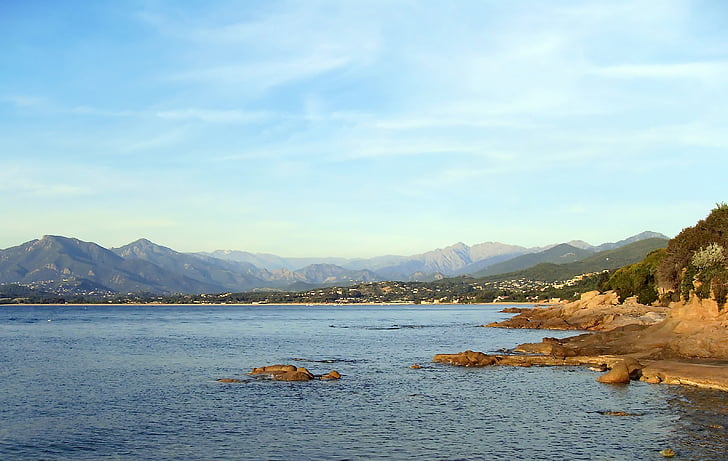 korsický, záliv, Ajaccio, pobřeží, kameny, Méditerranée, modrá