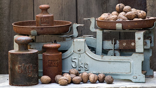 horizontal, old, weights, old scale, nuts, weigh, wood - Material