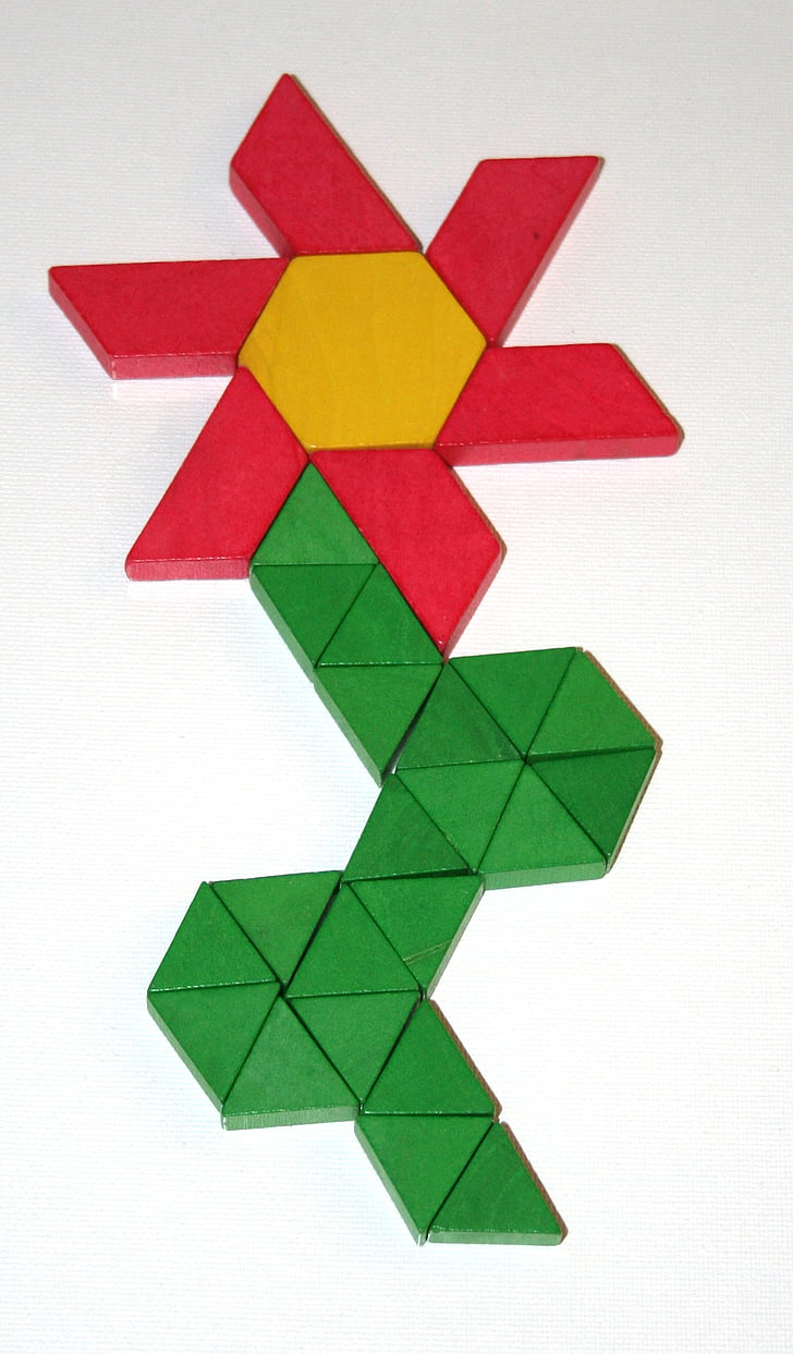 geométrica, bloques de, flor, hexágono, triángulo de, trapezoide, rojo