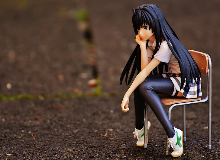 Dziewczyna, smutny, krzesło, siedzieć, zadumany, Anime, Widok