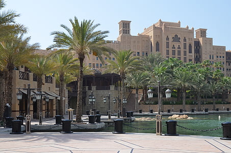 u um e, Dubai, arquitetura, edifício, férias, palmeiras, sol