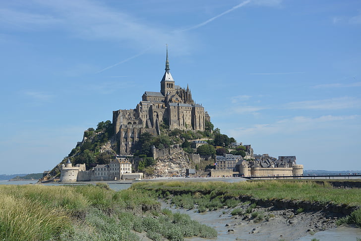 Mont saint-michel, tura, Normandija, klosteri, zilas debesis, tūrisma vietu, pieminekļu