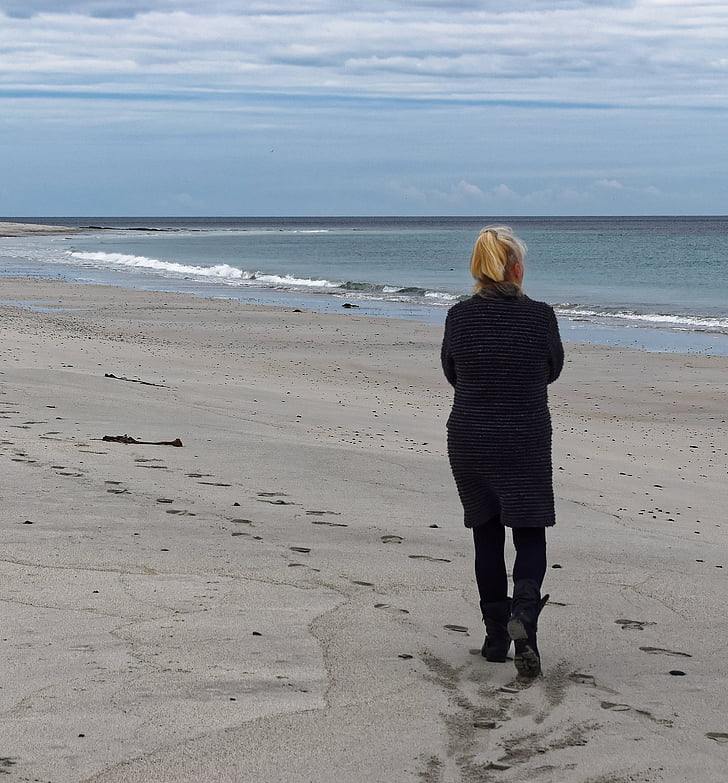 woman, walking, beach, alone, sand, sea, water