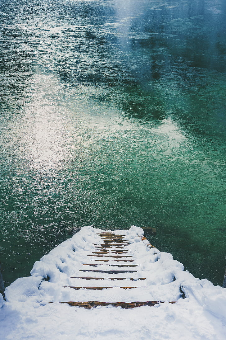 brown, stairs, body, water, sea, lake, snow
