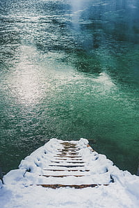 marrón, escaleras, cuerpo, agua, mar, Lago, nieve