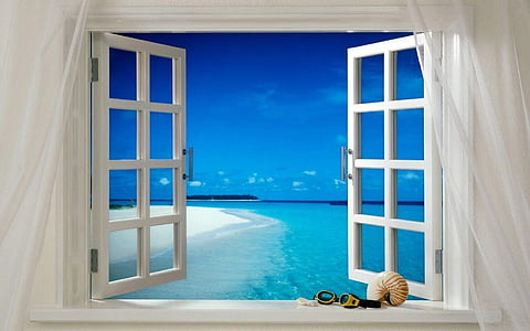 langas, atidaryti, vandenyno, jūra, paplūdimys, užuolaidos, kambarys