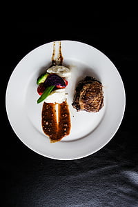 steak, foie gras, black pepper, plate, food and drink, food, studio shot