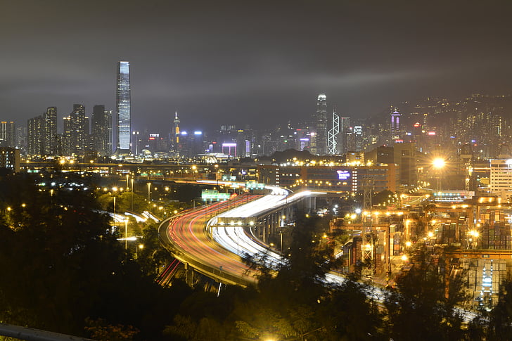 Hong kong, nuit, train léger sur rail, ville, paysage urbain, Kong, Hong