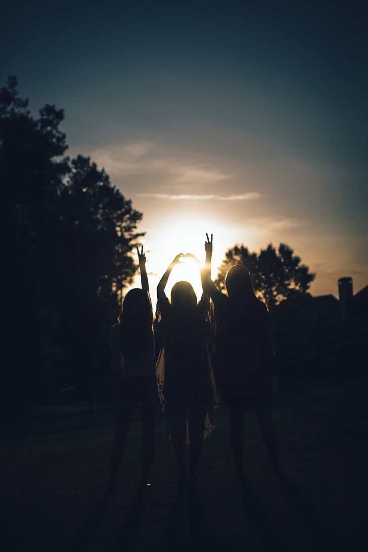 silhouette, girls, dusk, sunset, teen, teenagers, friends